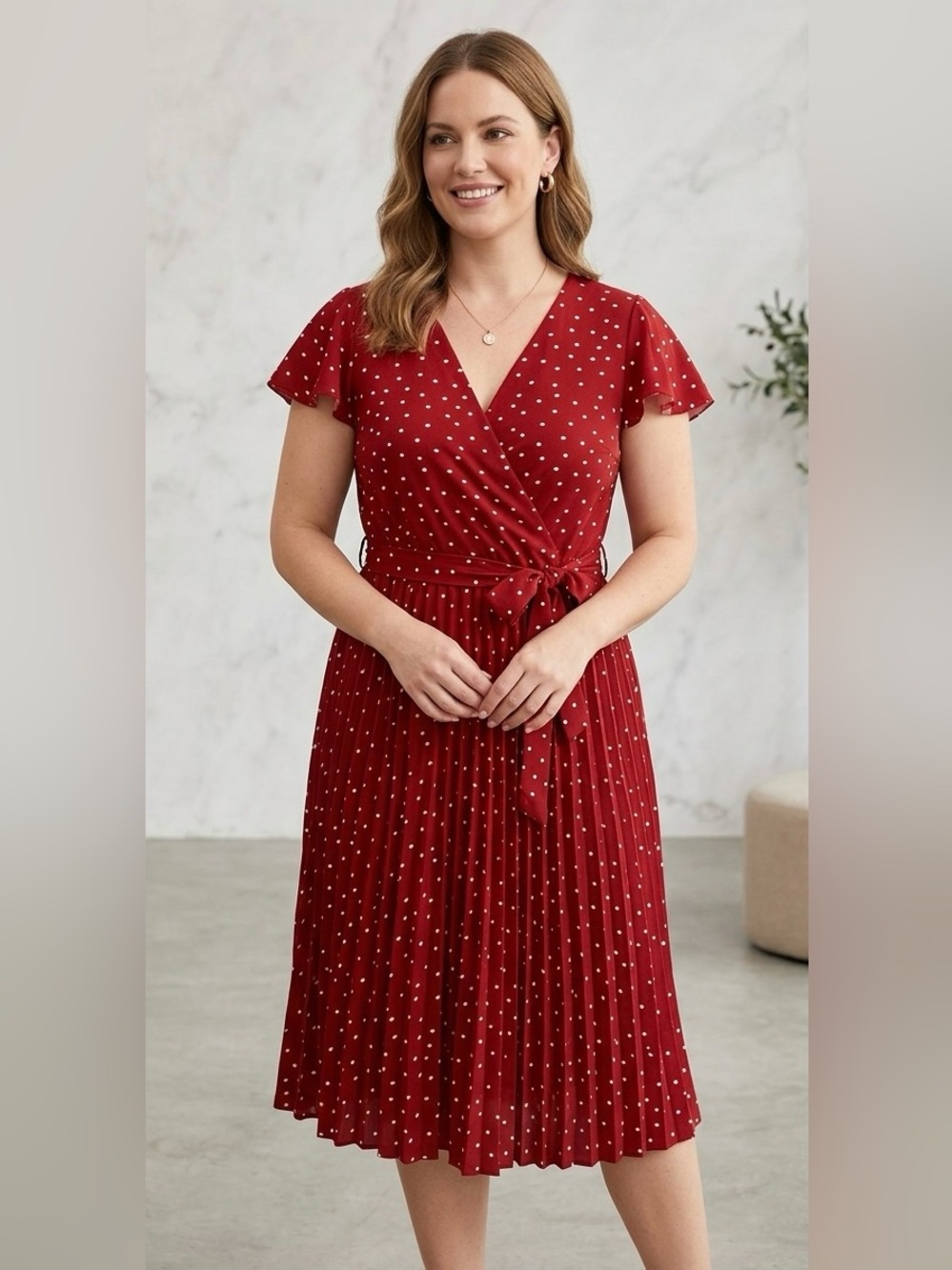 Lark + Grey Red Polka Dot Faux Wrap Dress Large L – Pleated Midi Flutter Sleeve